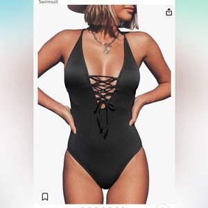 CUPSHE - womens solid v neck lace up swimsuit in black NWT